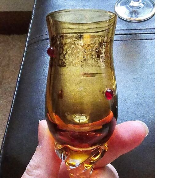 5 1930 Murano Tulip Cordial Glasses 22k Gold Trim and Filigree w/ Red Jewels - Picture 6 of 15